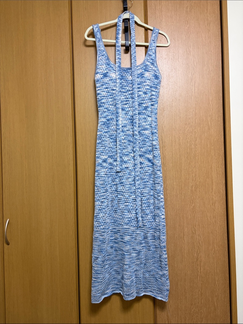 Lulu's Sky-Blue Marled Knit Maxi Dress with Neck Tie